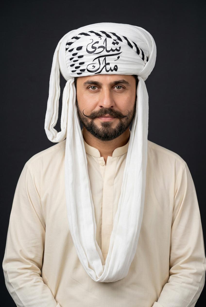 Shadi Mubarak White Balochi Dastar | Traditional Pagri / Pag Turban