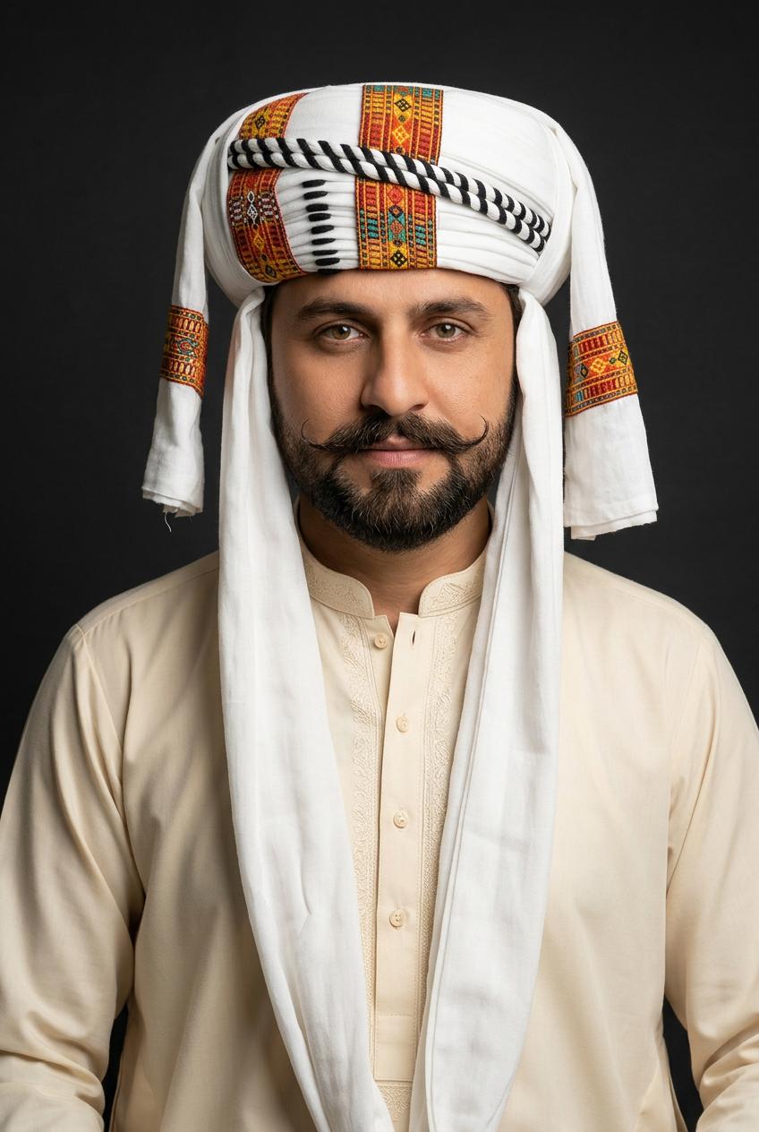 White Embroidered Balochi Dastar | Traditional Pagri / Pag Turban