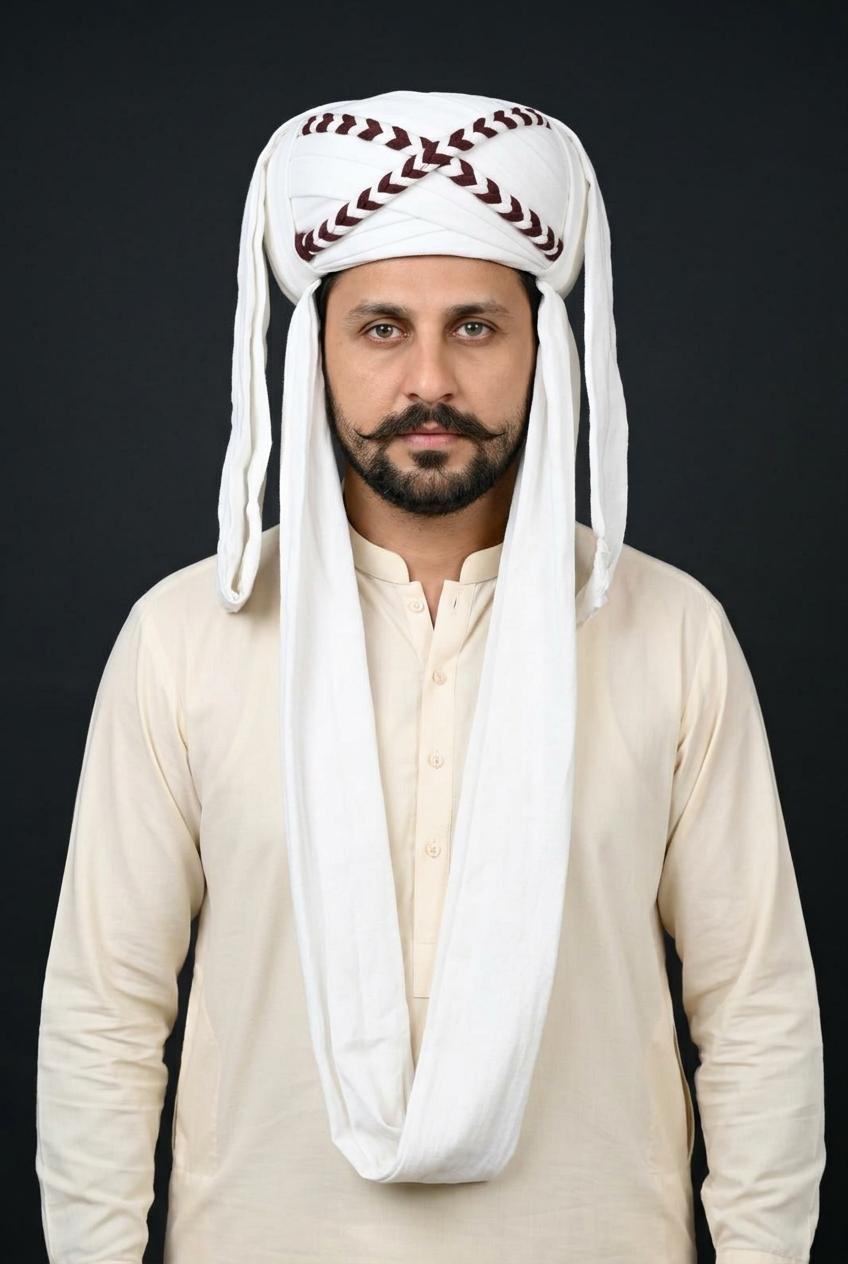 White Embroidered Balochi Dastar | Traditional Pagri / Pag Turban