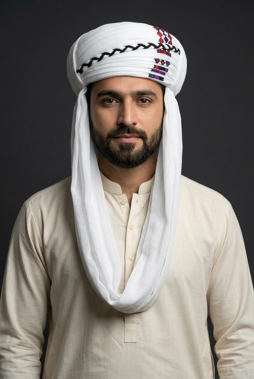 White Embroidered Balochi Dastar | Traditional Pagri / Pag Turban