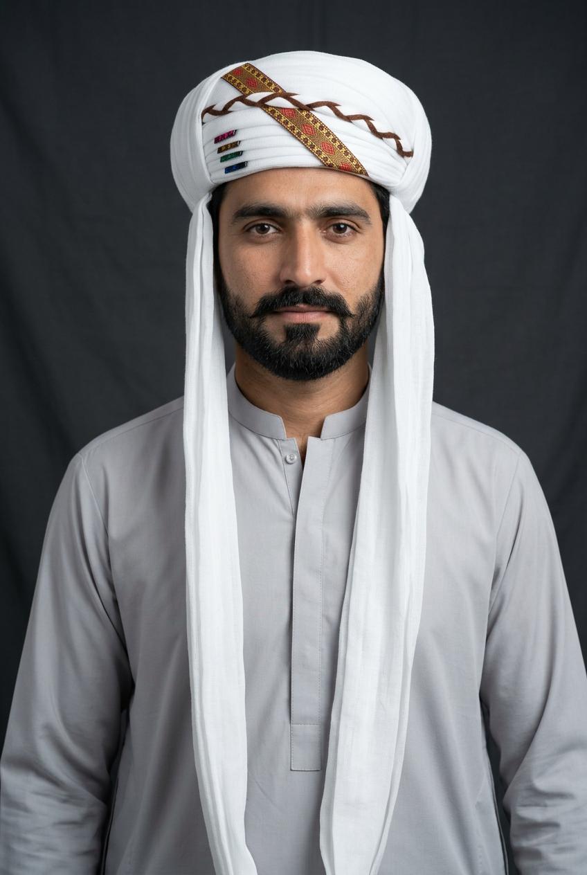 White Embroidered Balochi Dastar | Traditional Pagri / Pag Turban