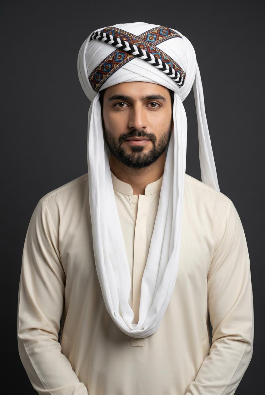 White Embroidered Balochi Dastar | Traditional Pagri / Pag Turban