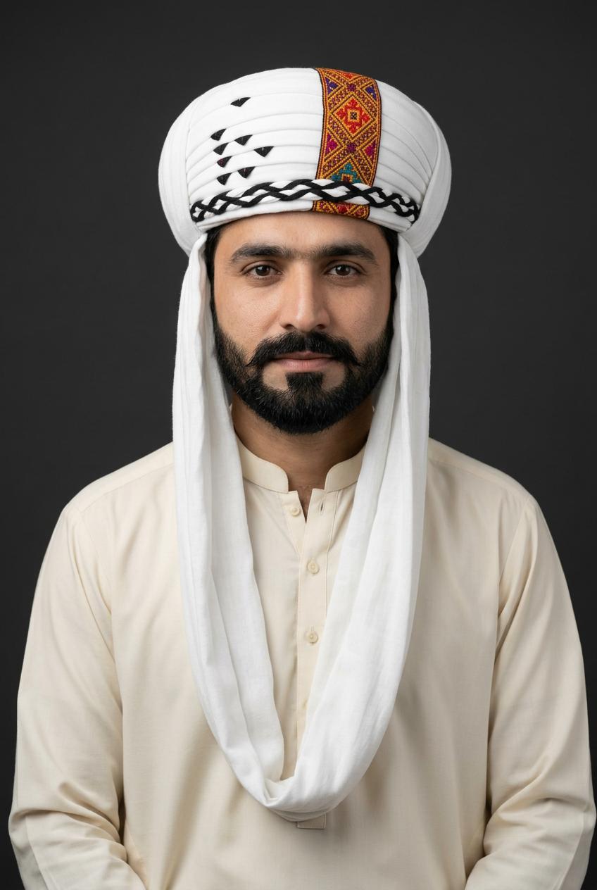 White Embriodered Balochi Dastar | Traditional Pagri / Pag Turban