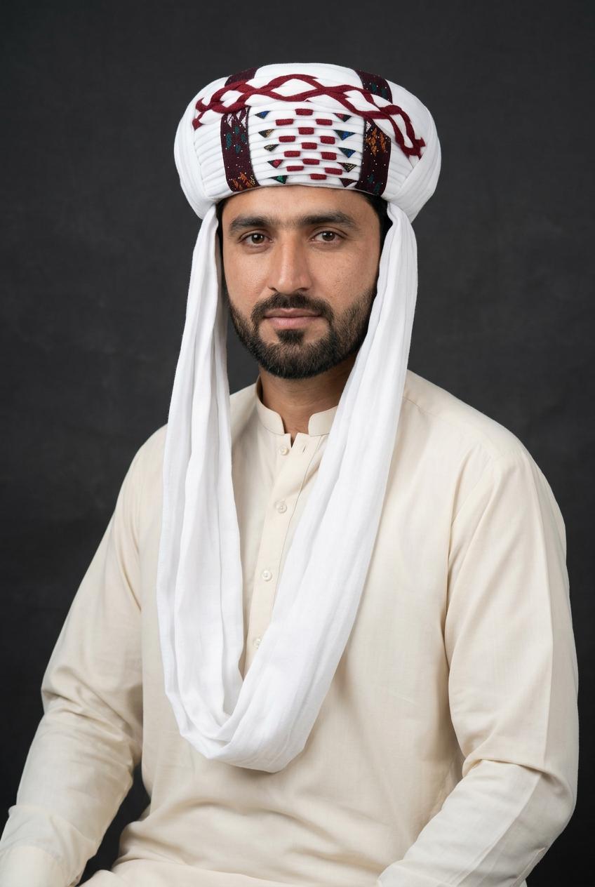 White Embroidered Balochi Dastar | Traditional Pagri / Pag Turban