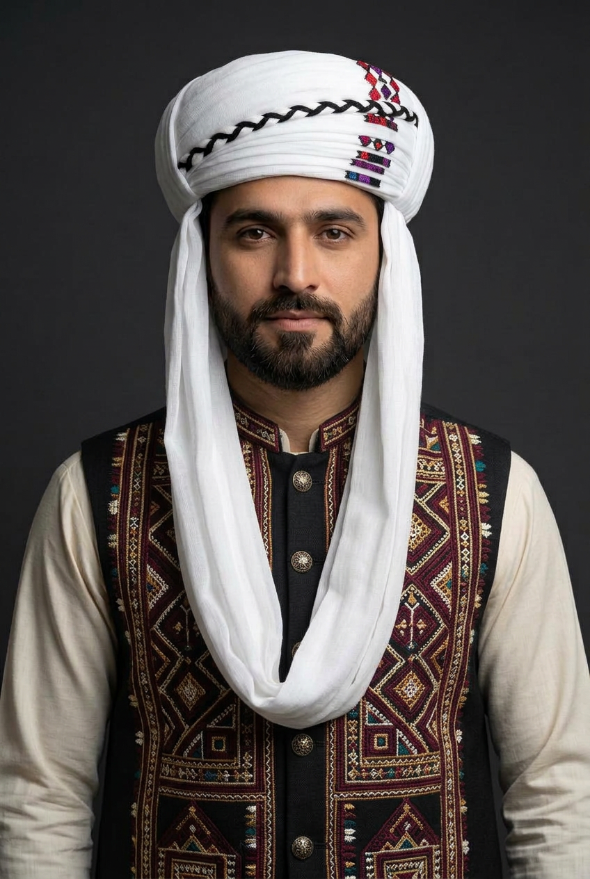 Model with an embroidered Balochi waistcoat